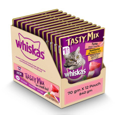 whiskas Adult (1+ Year) Tasty Mix Wet Cat Food Made with Real Fish, Tuna with Kanikama and Carrot in Gravy - Pack of 12 (70g x 12)